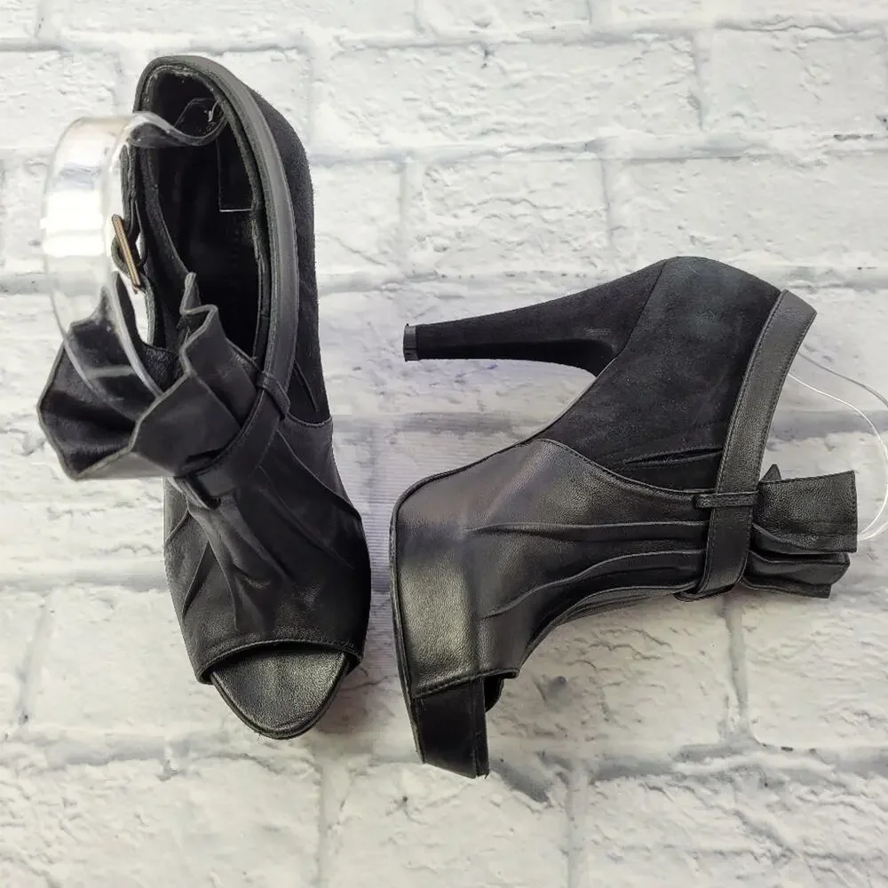 Jenni Kayne Black Suede & Leather Pleated Ankle Peep Toe Boots size 38